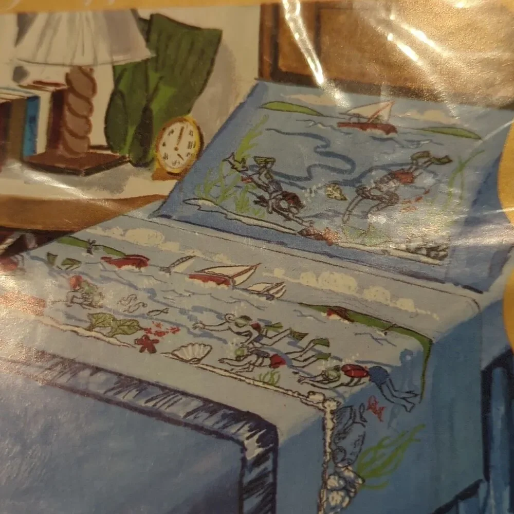 Vintage Lady Pepperell Water Sport Bed Sheets Pillowcase Twin Blue Ocean Dive